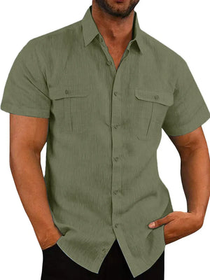 Men's moss green textured linen utility shirt with short sleeves and two chest pockets.