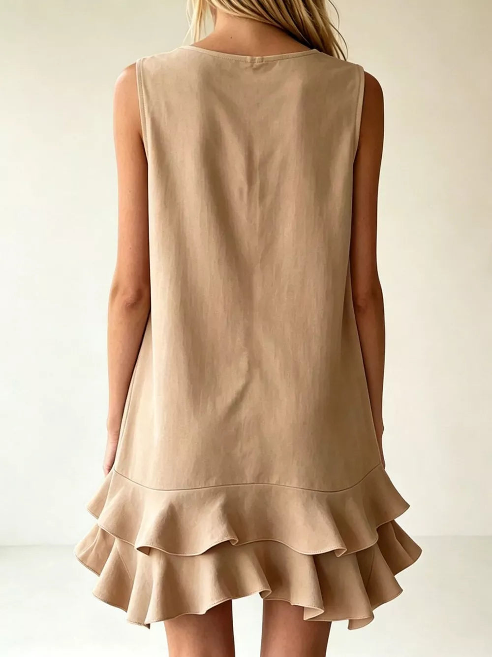 Khaki tiered ruffle mini dress with a sleeveless design and round neckline.