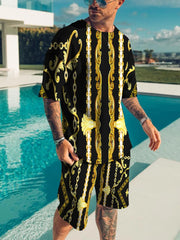 Men's Full Size Striped Short Sleeve Top & Shorts Set, back view