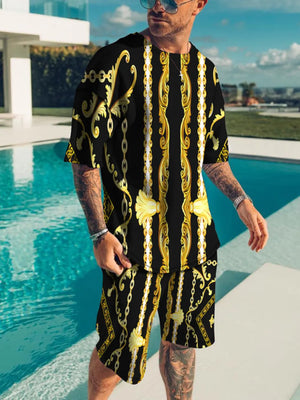 Men's Full Size Striped Short Sleeve Top & Shorts Set, back view