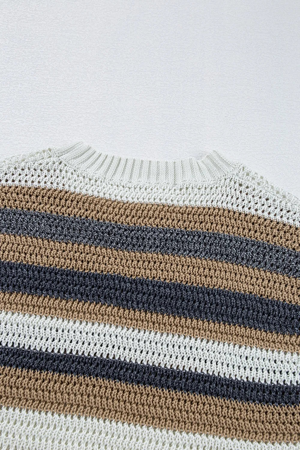 Open knit striped boxy tee in dusty pink with a crew neck and relaxed fit.