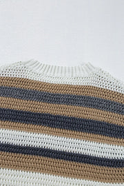 Open knit striped boxy tee in dusty pink with a crew neck and relaxed fit.