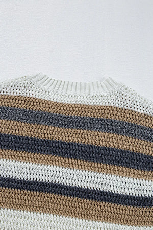 Open knit striped boxy tee in dusty pink with a crew neck and relaxed fit.
