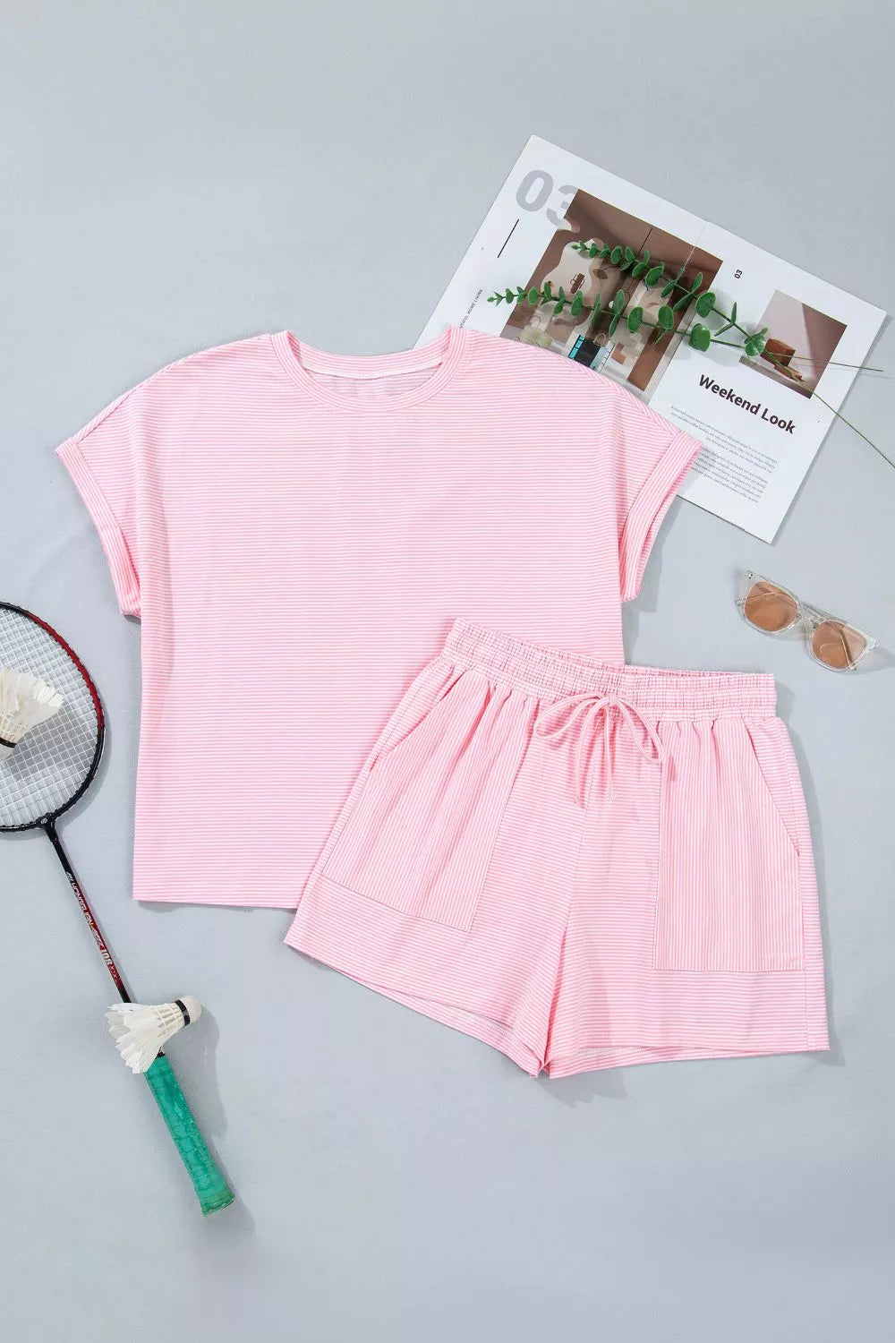 Pink striped cotton oversized tee and drawstring shorts loungewear set
