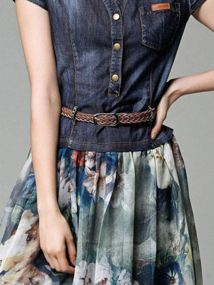 Patchwork floral chiffon maxi dress with denim bodice, button-down front, and braided belt.