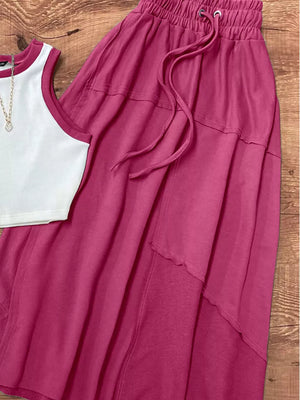 Chic contrast trim tank and maxi skirt set in magenta polyester with adjustable drawstring waist.