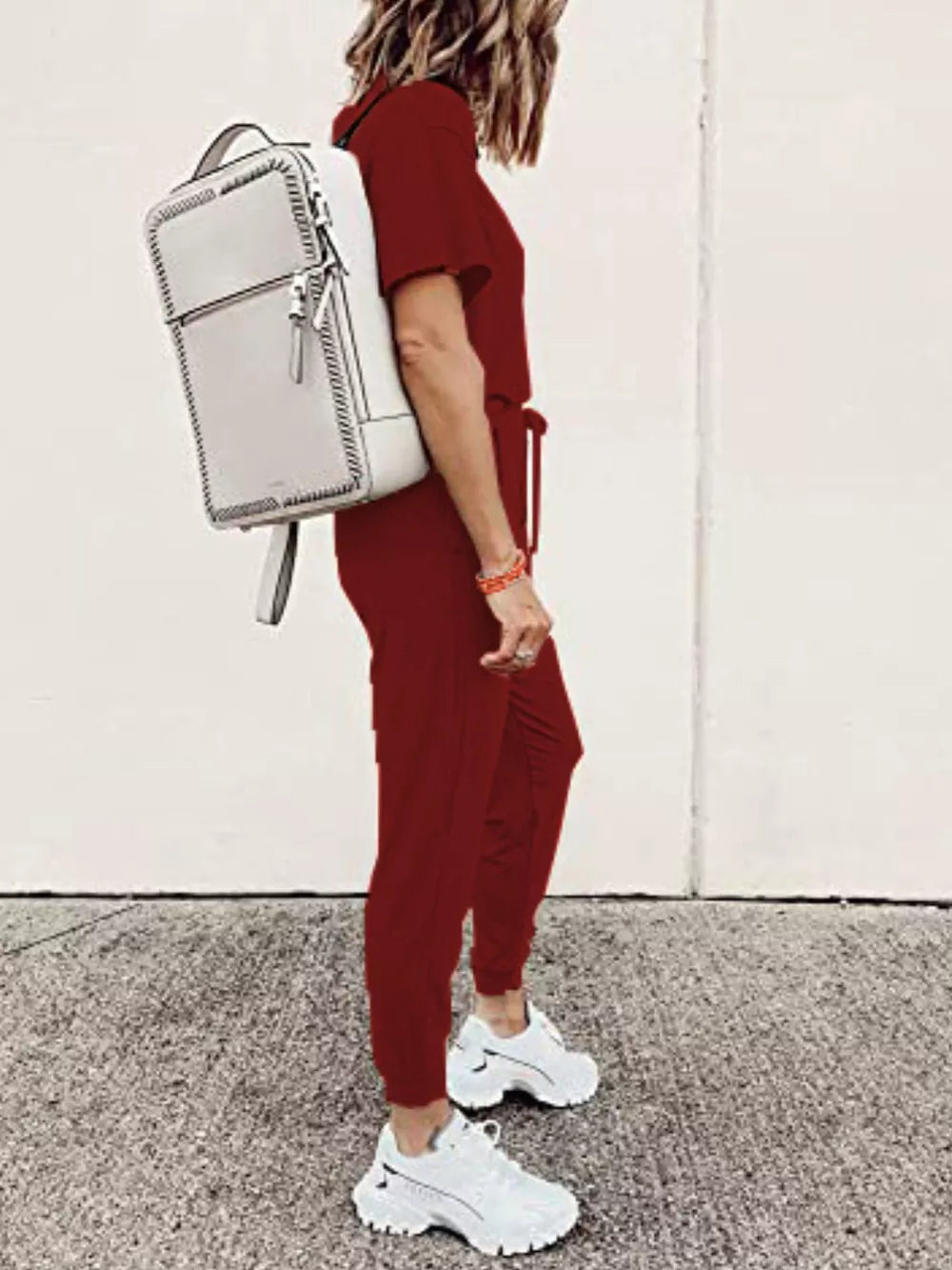 Burgundy casual round neck top and jogger pants set with drawstring waist.