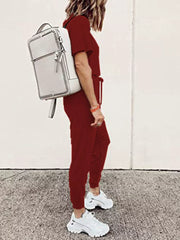 Burgundy casual round neck top and jogger pants set with drawstring waist.