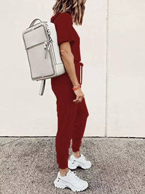 Burgundy casual round neck top and jogger pants set with drawstring waist.