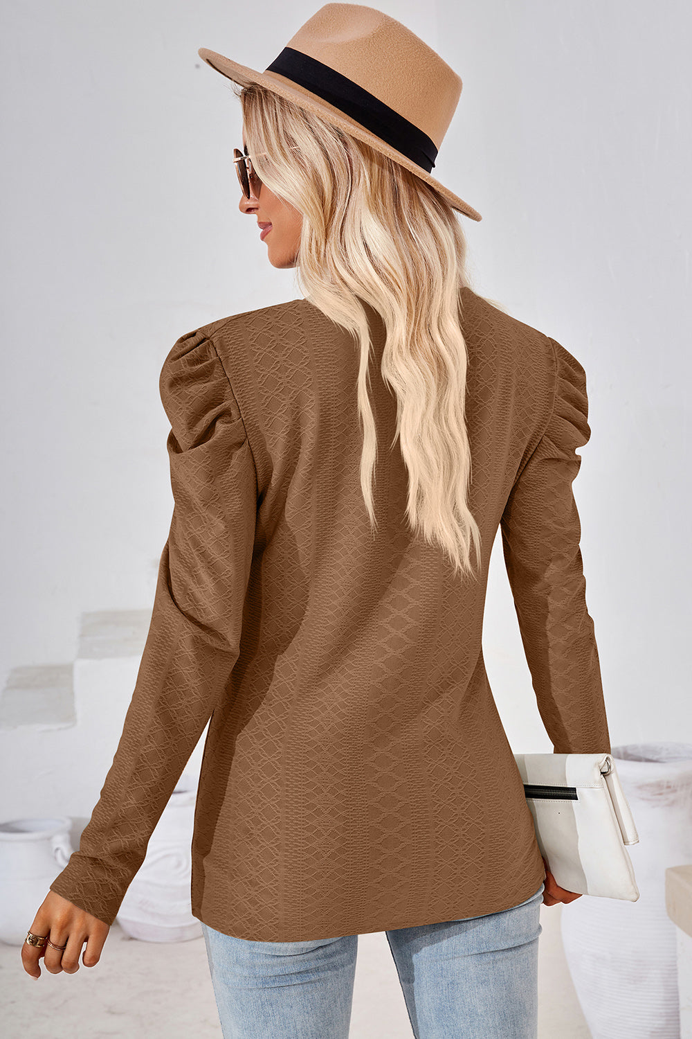 Textured puff-sleeve crew neck top in mocha with diamond pattern