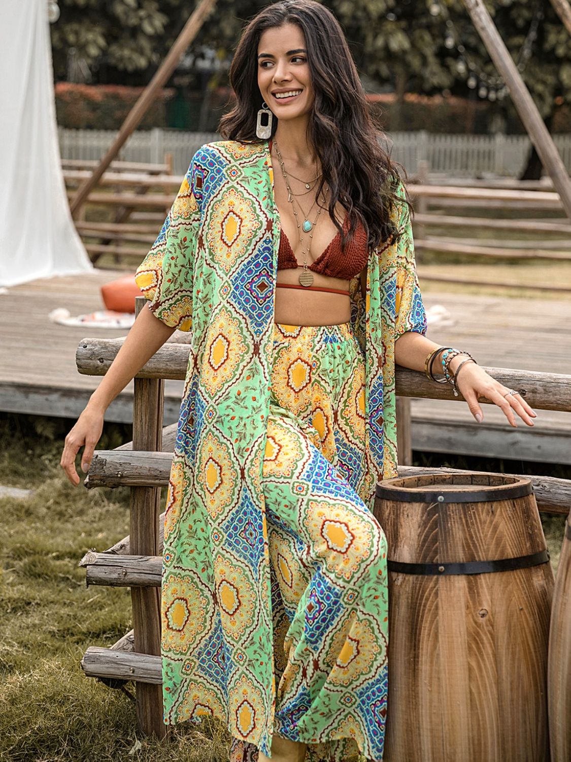 Bohemian print duster and palazzo set in Gum Leaf with short sleeves and wide legs.