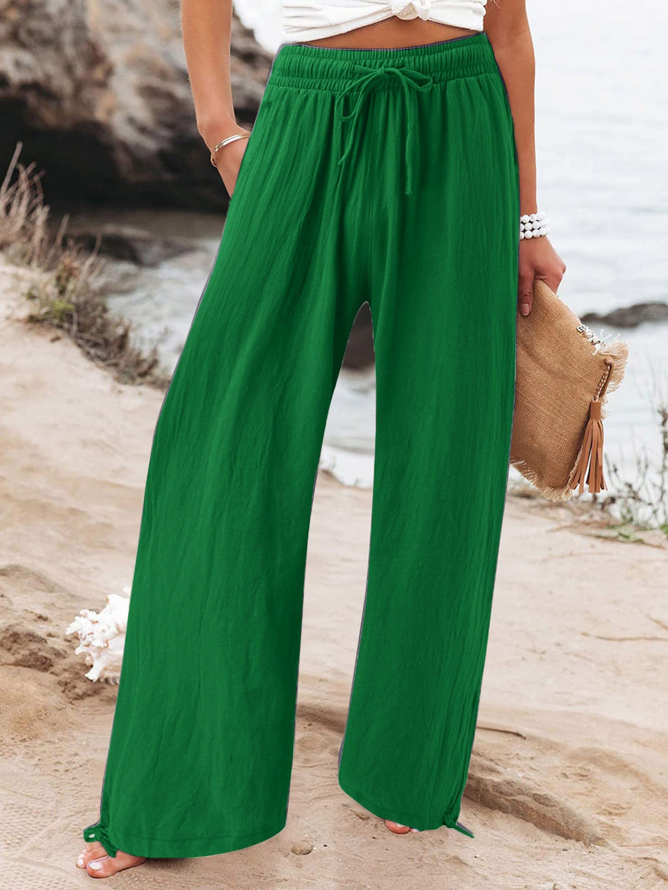 Full Size Drawstring Wide Leg Pants Plus Size in Fuchsia, fit detail