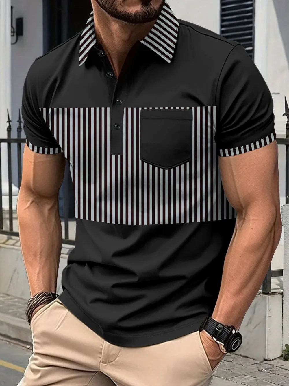 Black polo shirt with vertical stripe panel and chest pocket.