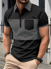 Black polo shirt with vertical stripe panel and chest pocket.