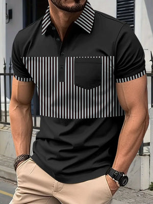 Black polo shirt with vertical stripe panel and chest pocket.