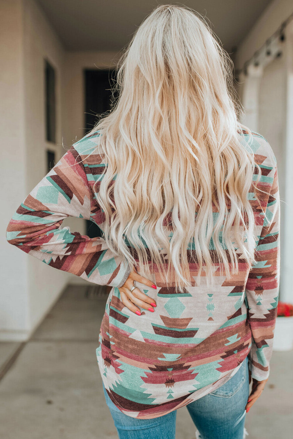 Southwestern print button-down blouse in Multicolor with long sleeves and a relaxed fit.