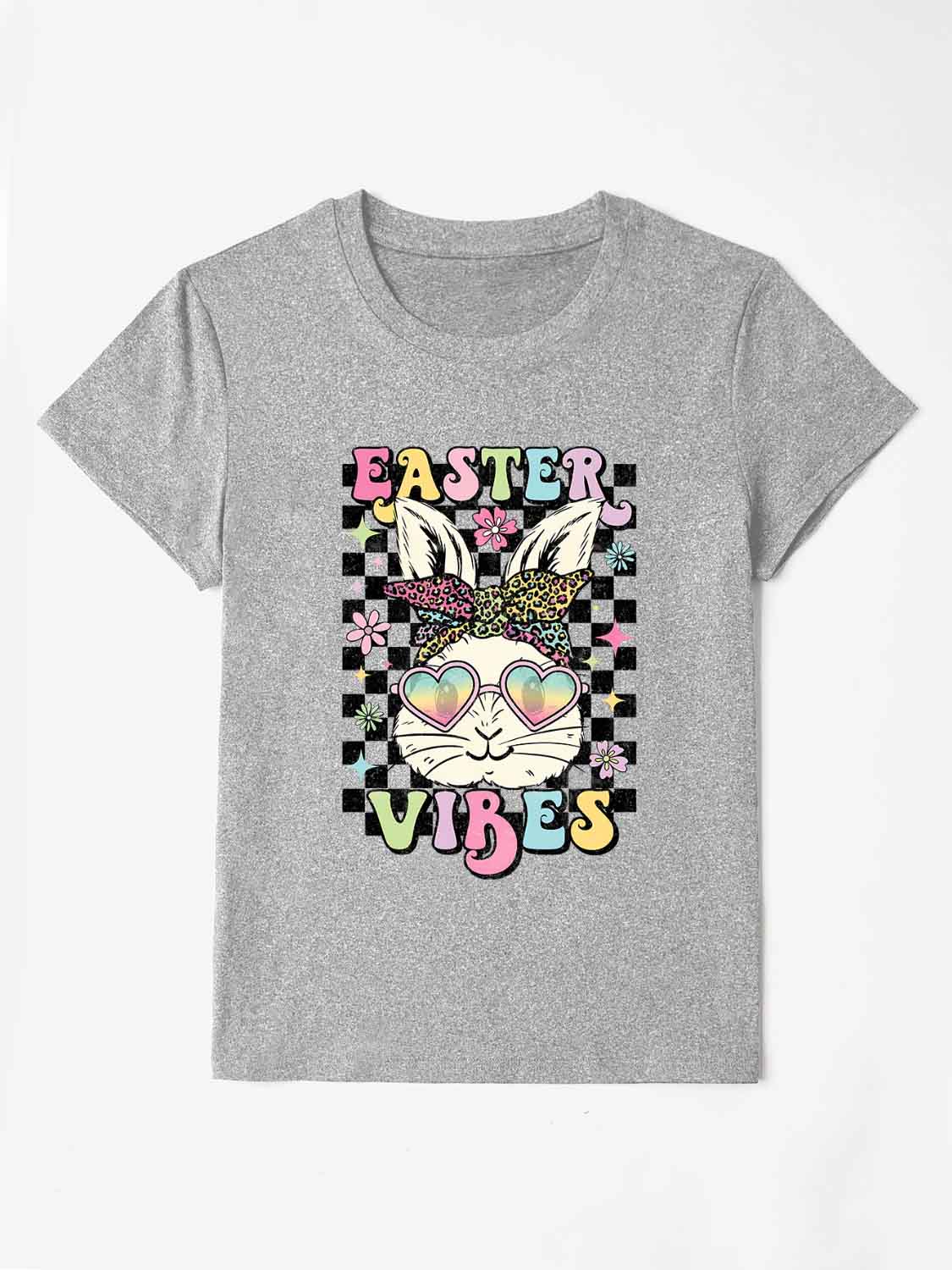 Gray polyester t-shirt with a graphic of a bunny wearing heart sunglasses and a bandana, with "Easter Vibes" text.