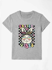 Gray polyester t-shirt with a graphic of a bunny wearing heart sunglasses and a bandana, with "Easter Vibes" text.
