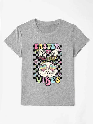 Gray polyester t-shirt with a graphic of a bunny wearing heart sunglasses and a bandana, with "Easter Vibes" text.