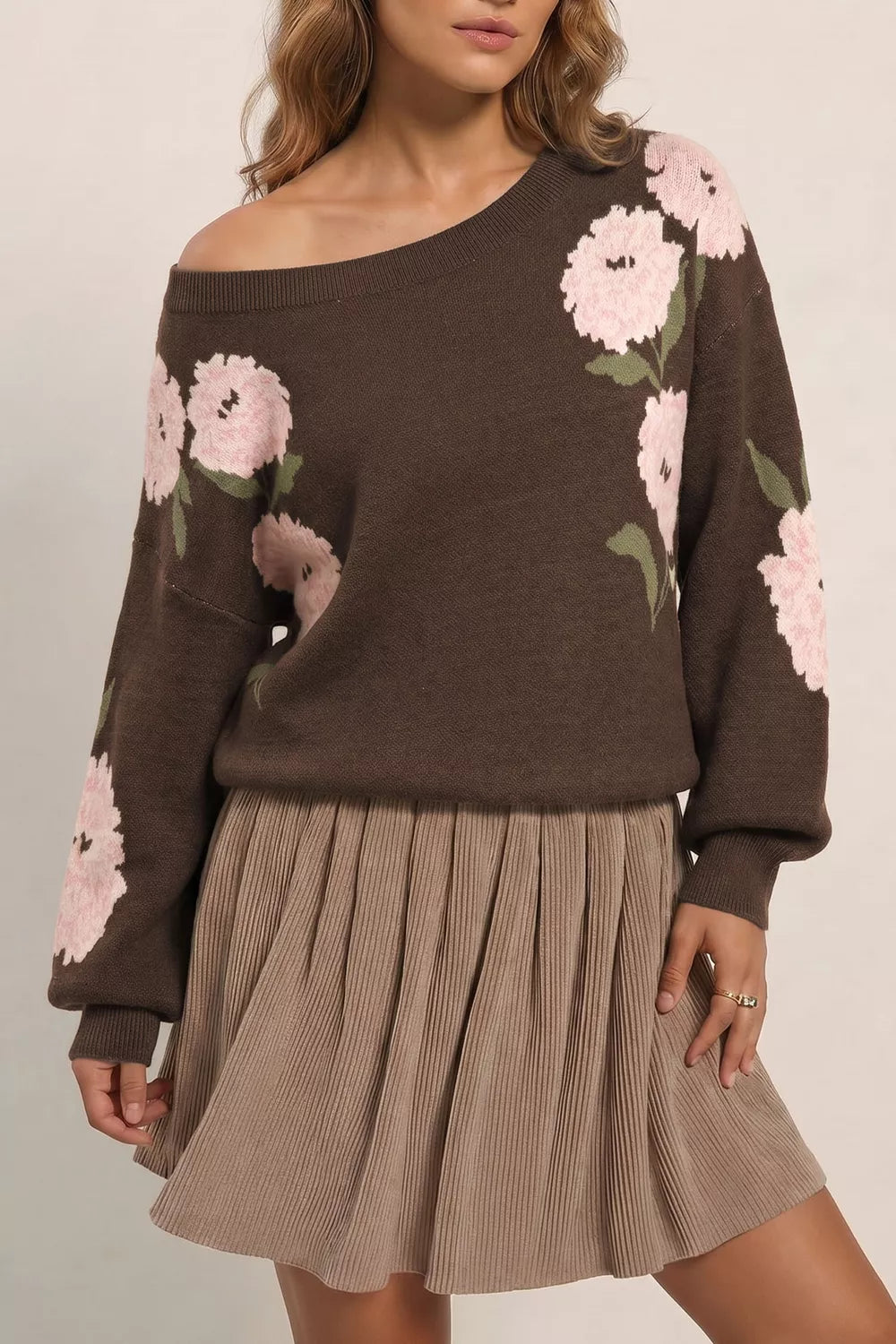 Floral Print Drop Shoulder Relaxed Sweater in Dark Brown, back view