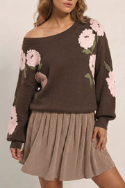 Floral Print Drop Shoulder Relaxed Sweater in Dark Brown, back view