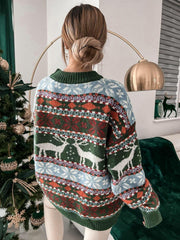 Fair Isle reindeer motif knit sweater with a crew neck and long sleeves in green.