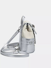 Charming mini heart flap backpack in silver with a white top and chain detail.