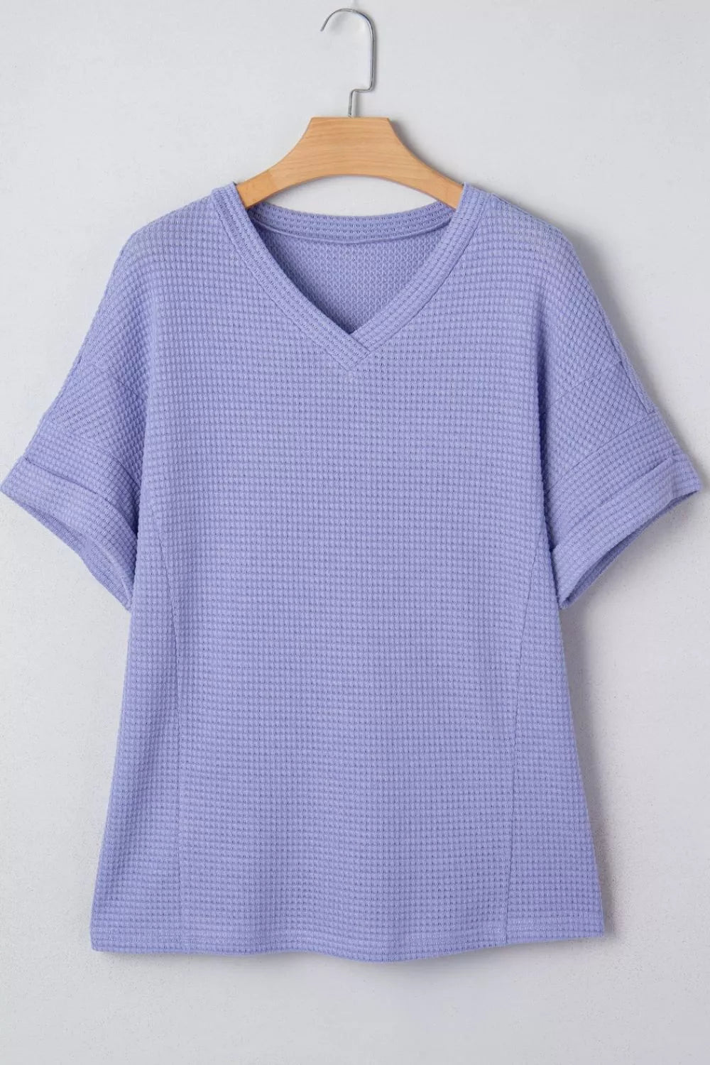 Relaxed V-neck waffle knit t-shirt in Blue Purple with cuffed short sleeves.