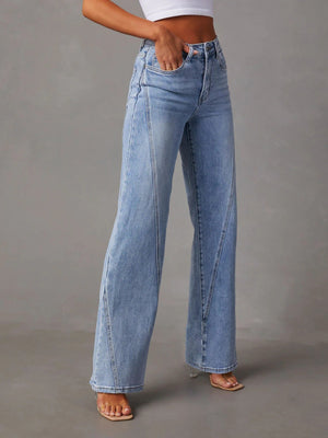 Light wash wide leg jeans with panel seams and a comfortable cotton blend.