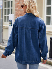 Oversized denim shacket in Peacock Blue with button-down front and classic collar.