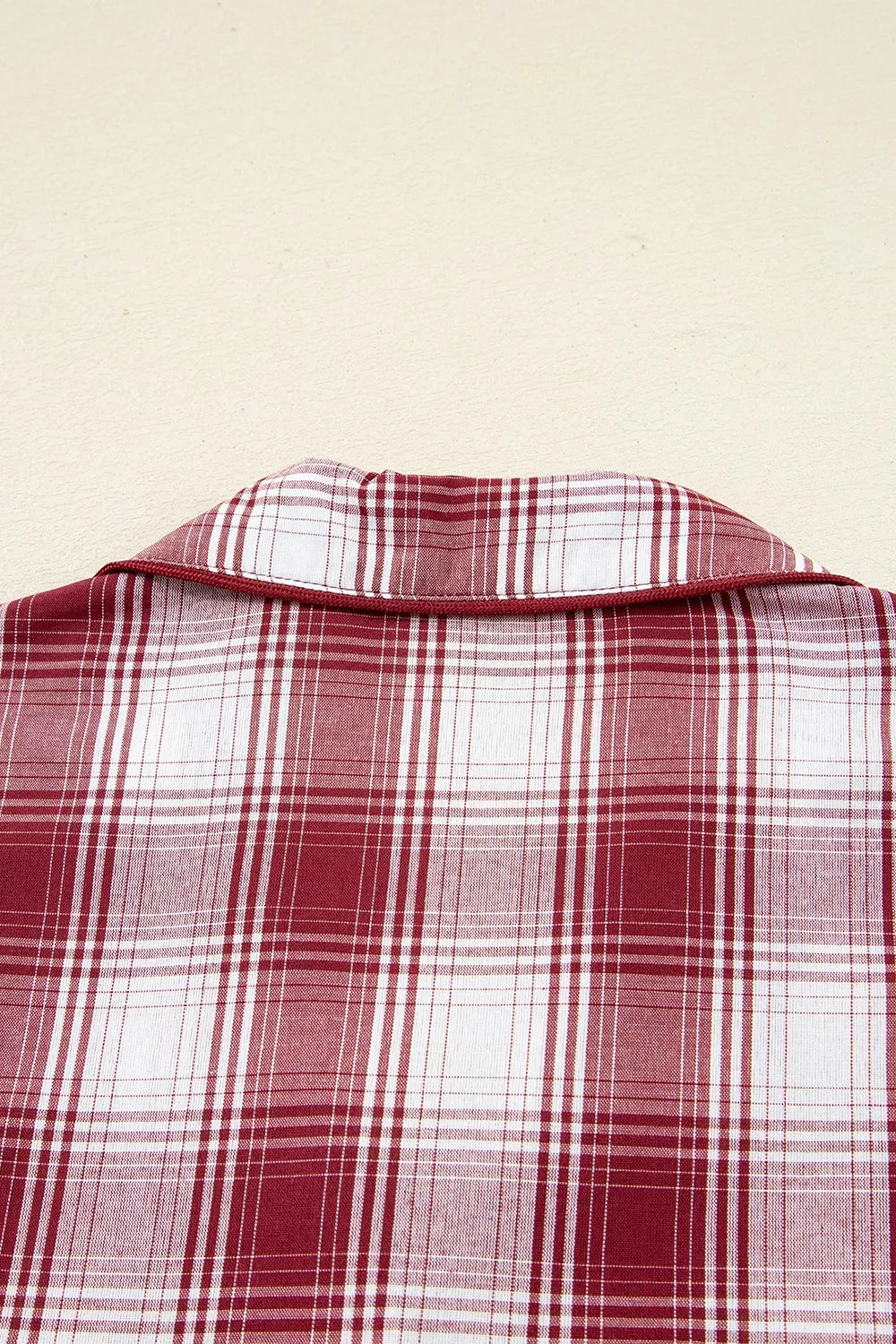Cozy cotton plaid pajama top with spread collar and red trim