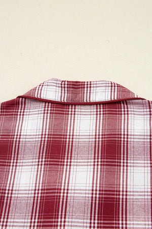 Cozy cotton plaid pajama top with spread collar and red trim