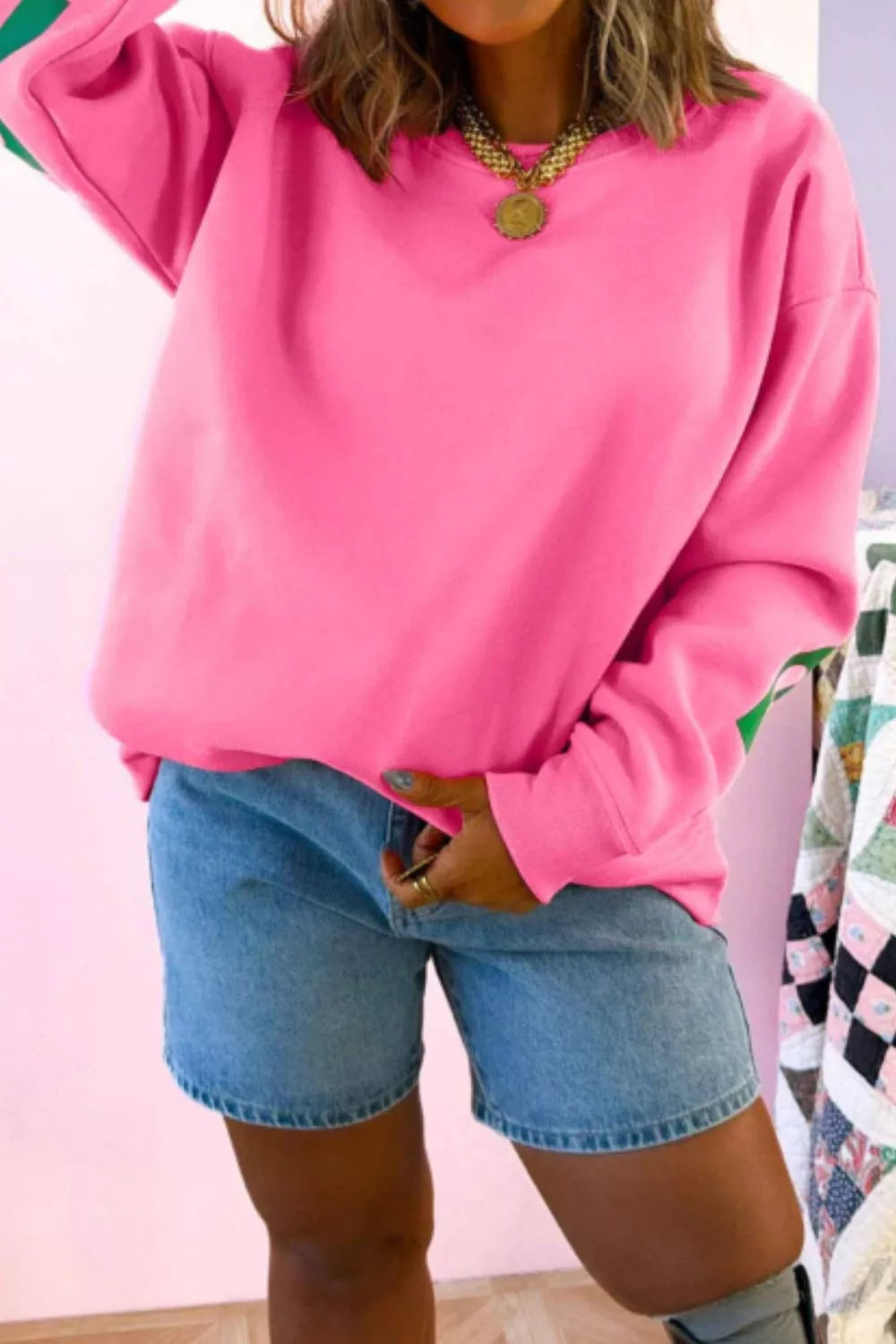 Slogan Print Round Neck Long Sleeve Sweatshirt in Hot Pink, close-up detail