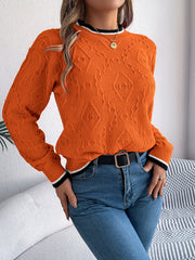 Tan textured diamond knit sweater with contrast trim, acrylic