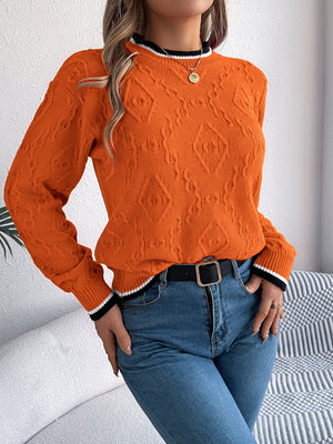 Tan textured diamond knit sweater with contrast trim, acrylic
