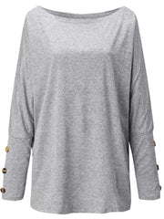 Gray off-the-shoulder dolman top with button cuff detail