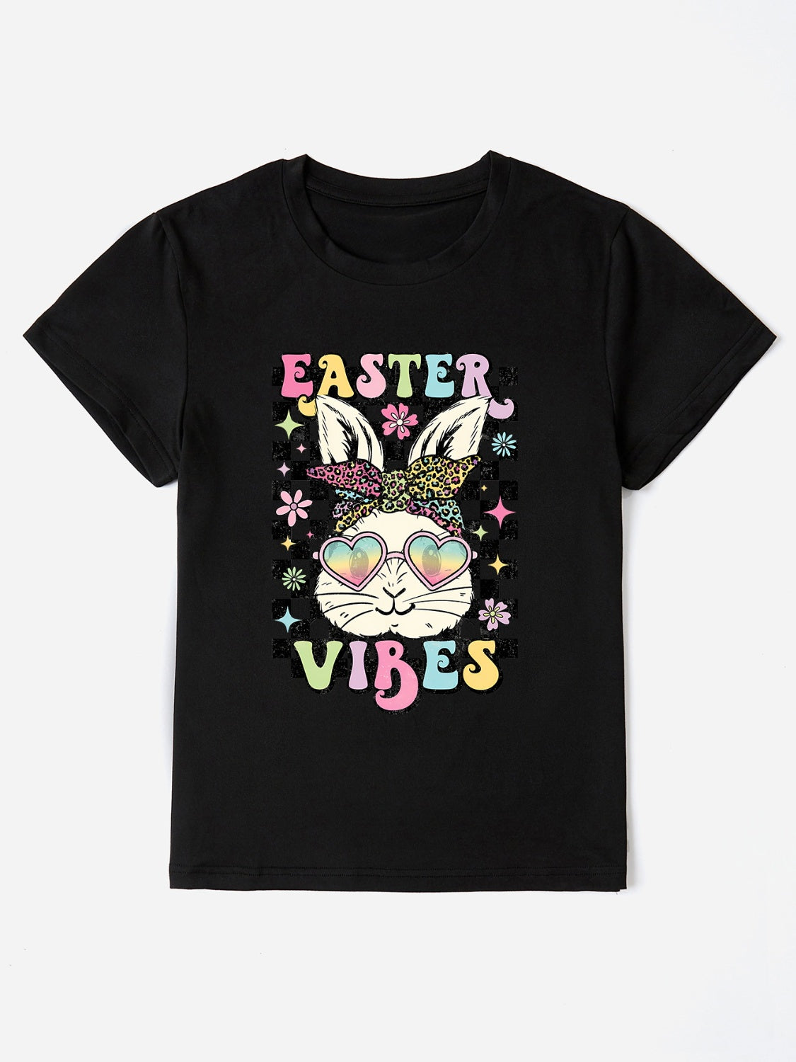 Black graphic tee with bunny wearing sunglasses and bandana, "Easter Vibes" text.