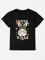 Black graphic tee with bunny wearing sunglasses and bandana, "Easter Vibes" text.