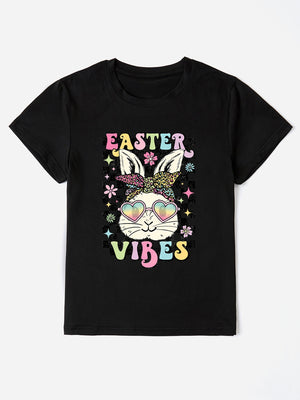 Black graphic tee with bunny wearing sunglasses and bandana, "Easter Vibes" text.