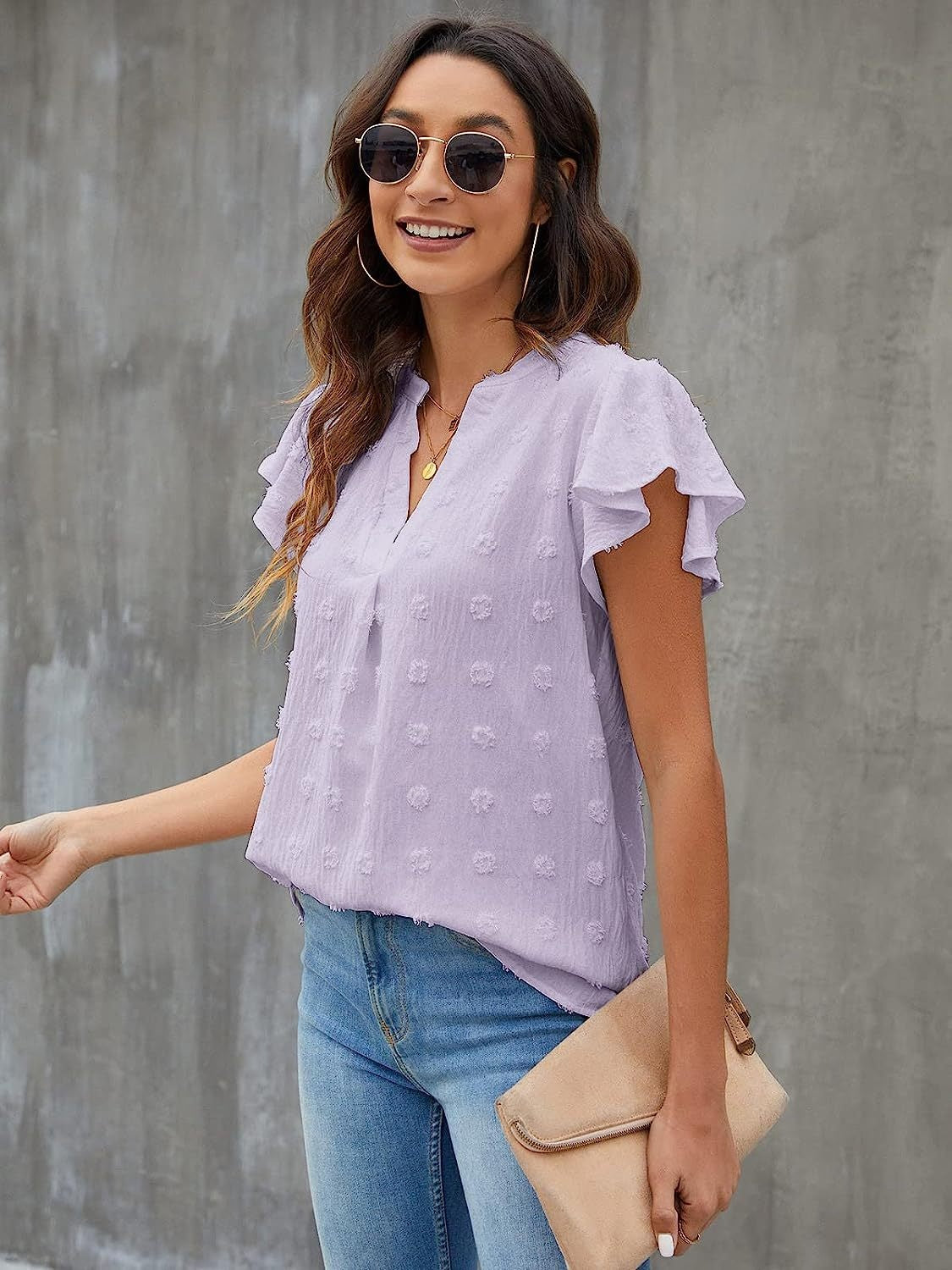 Lavender flutter sleeve Swiss dot blouse with V-neck