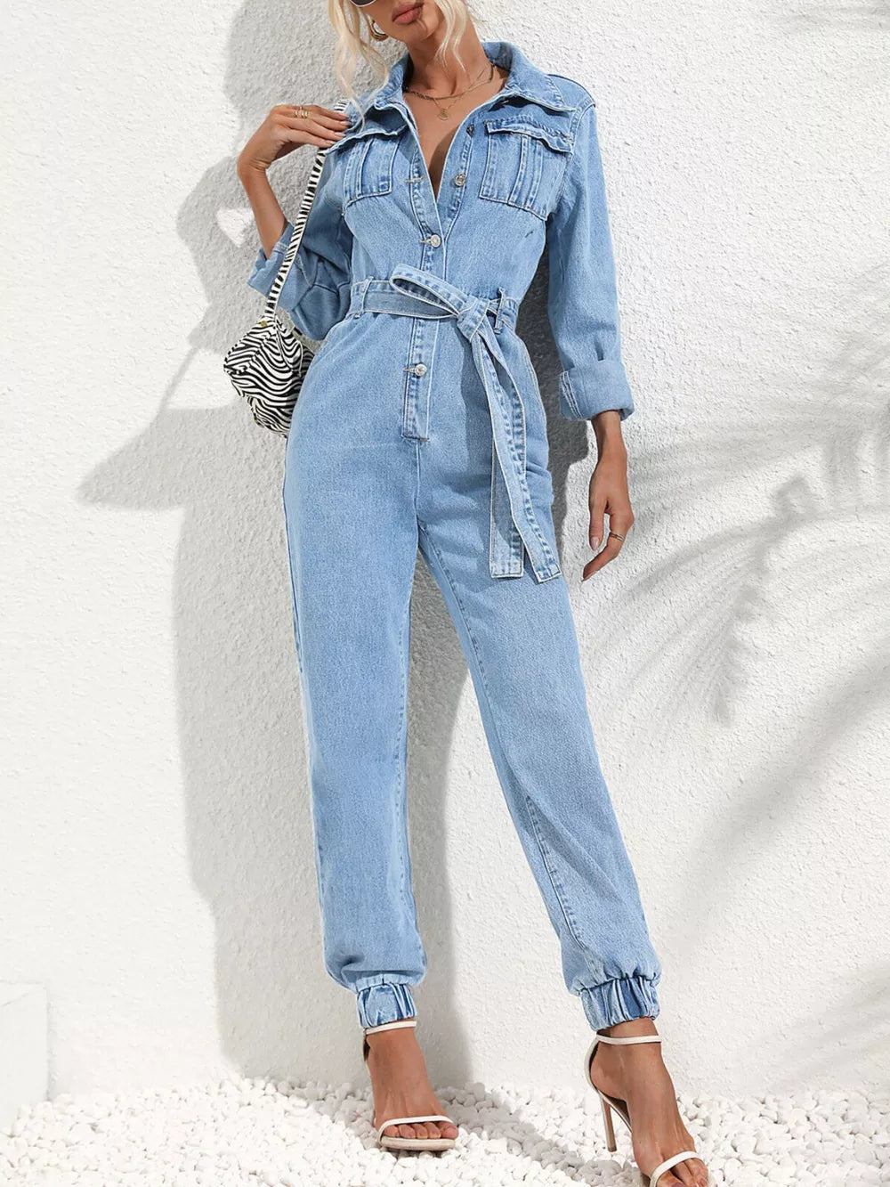 Button Front Belt Denim Jumpsuit, close-up detail