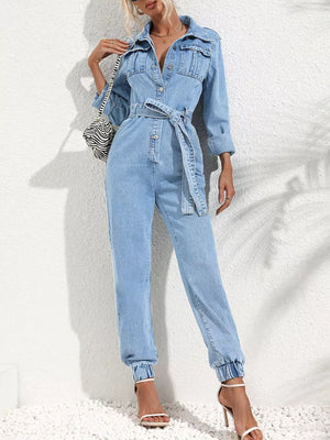 Button Front Belt Denim Jumpsuit, close-up detail