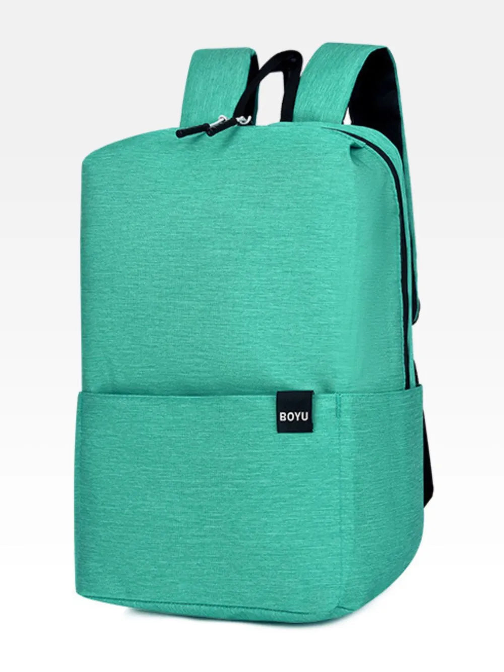 Textured aqua school backpack with minimalist design and black trim.