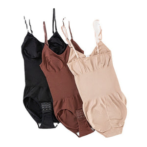 Ribbed contour shaping bodysuits in black, brown, and dust storm with adjustable straps and hook closure.