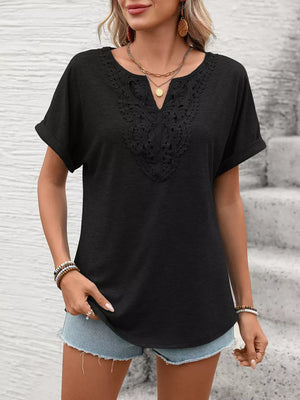 Black relaxed fit t-shirt with lace trim neckline and cuffed short sleeves.