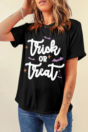 Black graphic t-shirt with white "Trick OR Treat" text, purple bats, and orange stars.