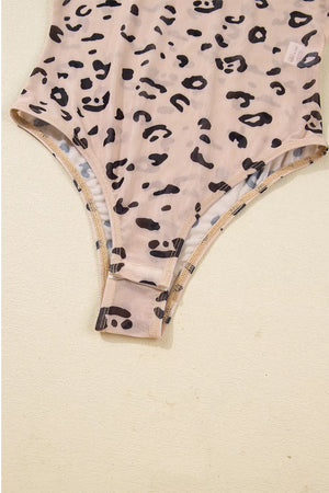 Mock Neck Sheer Mesh Leopard Bodysuit in Khaki, view 12