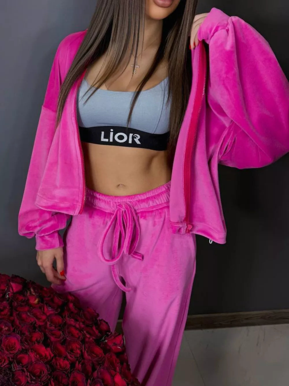 Zip Up Cropped Outerwear And Pants Set in Apricot, side view