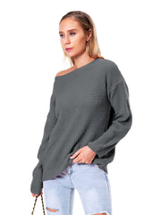 Charcoal waffle knit off-shoulder sweater with long sleeves and a relaxed fit.