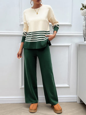 Color-blocked knit lounge set in cream and dark green with horizontal stripes, acrylic material.